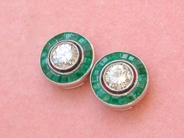Art Deco Style .76ctw Diamond Emerald Halo Platinum Everyday 10 Mm Stud Earrings - £2,648.76 GBP