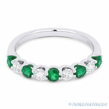 0.77 ct Round Cut Emerald &amp; Diamond 18k White Gold Anniversary Ring Wedding Band - £1,950.43 GBP