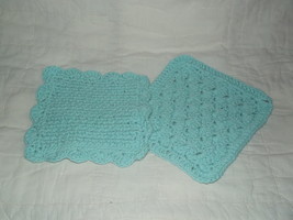 SET OF 2 HAND CROCHETED DISH CLOTHS LIGHT TEAL CLEAN WASH CLOTH PAIR - £5.49 GBP