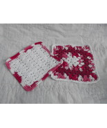 SET OF 2 HAND CROCHETED DISH CLOTHS RED WHITE CLEAN WASH CLOTH - £5.53 GBP