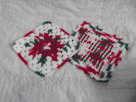 Set Of 2 Hand Crocheted Dish Cloths Red White Green Christmas Clean Pair Wash - £5.53 GBP