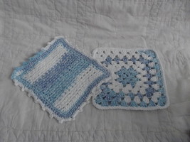 SET OF 2 HAND CROCHETED DISH CLOTHS BLUE WHITE WASH CLEAN - £5.57 GBP