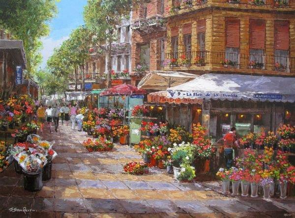 Primary image for SAM PARK "Barcelona Flower Market" 24x32 Street Scene Hand S/# Embellished COA