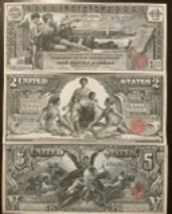 Reproduction Copies 1896 Educational Silver Certificate Set $1 $2 $5 Paper Money - £8.60 GBP