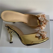 Bohemian Style Shell Pearl Flower Sandals Women Unique Flamingo Metal High Heel  - £82.88 GBP