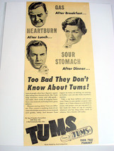 1953 Tums Ad Gas, Heartburn, Sour Stomach Too Bad They Don&#39;t Know About ... - £7.07 GBP