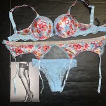 Victoria&#39;s Secret 32A,32C Bombshell Bra Set+Garter+S Corset Blue Red Poppy Shine - £157.77 GBP