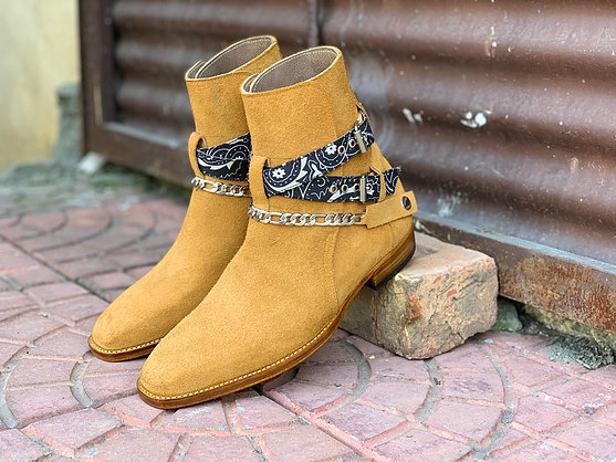Handmade Men's Beige Suede Jodhpur Madrid Strap Boots, Men Ankle Fashion Boots