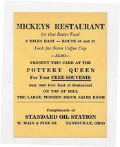 Mickey&#39;s Restaurant Pottery Queen Standard Oil Station Ad Card Zanesvill... - $15.84