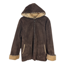Wilsons Leather Jacket Womens Large Brown Suede Faux Fur Trim Hooded Warm Winter - £59.00 GBP