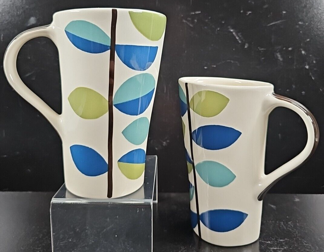 (2) Pier 1 Blue Green Leaves Mugs Set Leaf Decor Tall Handled Coffee Tea... - $33.63