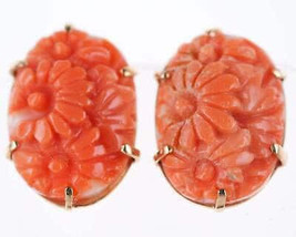 Vintage Chinese 14k Gold Carved Coral screw back Earrings - £363.02 GBP