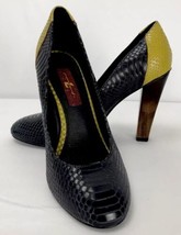7 For All Mankind Veta Round Toe Pumps Snake Skin Yellow Black Wooden He... - $59.99