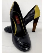7 For All Mankind Veta Round Toe Pumps Snake Skin Yellow Black Wooden He... - £47.01 GBP