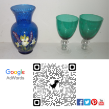 Green Wine Glasses (2) Blue Flour Vase With Floral Design - £11.97 GBP