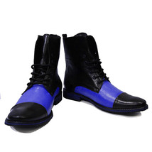High Ankle Blue Black Cap Toe Handmade Genuine Leather LaceUp Stylish Boots - £135.78 GBP