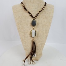 Vintage Hippie Earthy Leather &amp; Beaded w/ Shells Tassel Necklace 24 Inch - $26.18