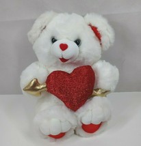 2000 Valentine&#39;s White Teddy Bear Holding Glittery Red Heart &amp; Arrow 14&quot; Plush - £13.17 GBP