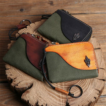 Genuine Calf Leather Canvas Hand-Made Small Wallet Coin Purse Card Chang... - £18.04 GBP