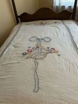 Vtg bedspread lightweight hand embroidered floral gauze type fabric gyps... - $74.25