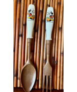 Mickey Mouse Salad Serving Fork and Spoon White Handle Wood Cooking Disn... - $331.43 MXN