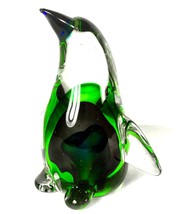Hand Blown Glass 6 1/2&quot;  Green w/ Cobalt Blue Penguin - Murano Style - £29.53 GBP