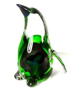 Hand Blown Glass 6 1/2"  Green w/ Cobalt Blue Penguin - Murano Style