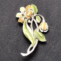 Floral Enamel Silver Tone Brooch Pin Daffodil Yellow Green  - £10.11 GBP