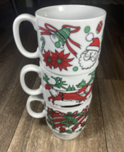 VTG Christmas Holiday Mugs Stacking Cups Ceramic Set 3 Trimont Ware Japa... - $24.99