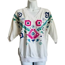 80s Puff Paint Southwest Tee Shirt Short Sleeve Top White Pink Green Pur... - $19.24