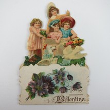 Vintage Valentine 3D Pop Up Die Cut Girls White Poodle Dog Doves Purple Flowers - £11.93 GBP