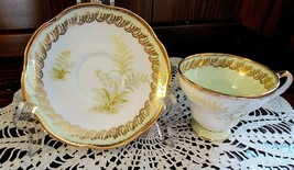 Vtg Foley E. Brain Teacup Saucer Bone China Fern Green Gold Pedestal Cup 3936 - £12.20 GBP