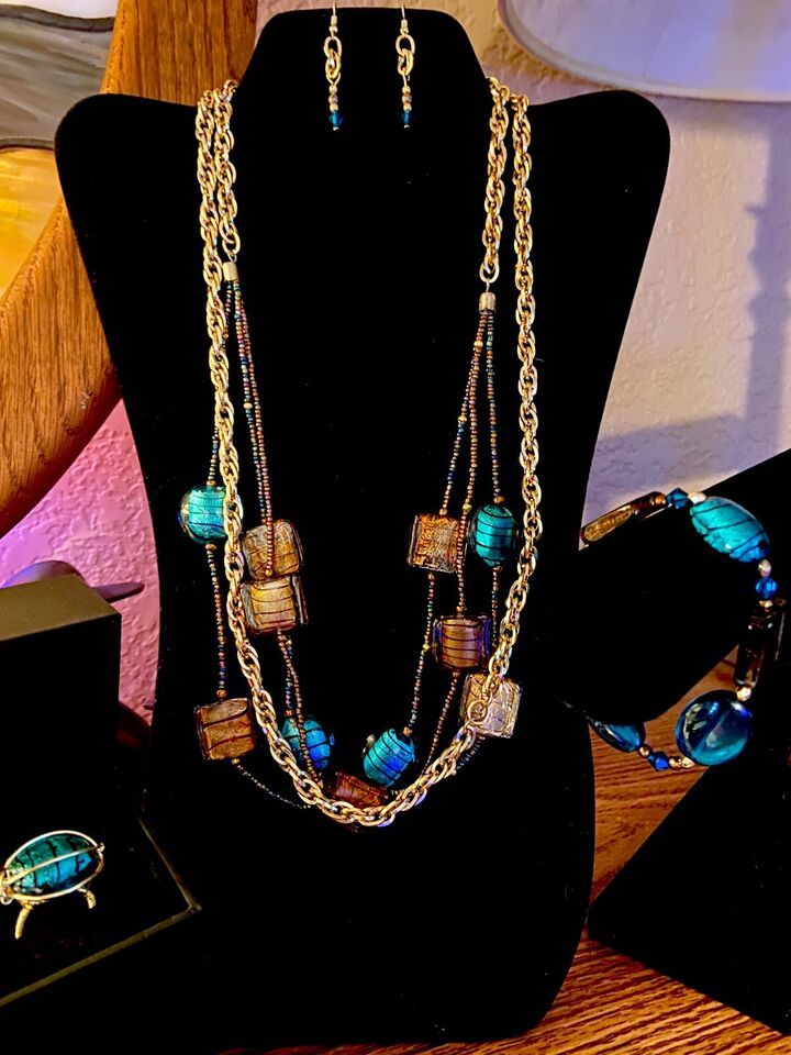 Bold "Reinvented" Teal/Brown Glass and Seed Bead Gold Tone Drape Necklace Set - $30.00 - $47.00