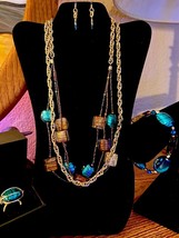 Bold &quot;Reinvented&quot; Teal/Brown Glass and Seed Bead Gold Tone Drape Necklace Set - £23.60 GBP+