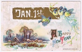 Holiday Postcard New Years Day Cottage Scene Blue Birds John Winsch 1910 - £1.68 GBP