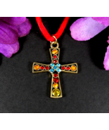 RAINBOW RHINESTONES CROSS Vintage NECKLACE Goldtone Metal Red Cording 16&quot; - $24.25 CAD