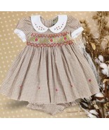 Brown Plaid Hand-Smocked Embroidered Toddler Girl Dress.  Girl Picnic Dr... - $609.26 MXN