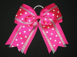 New &quot;Silver Hot Pink Dots&quot; Cheer Hair Bow Pony Tail 3&quot; Ribbon Girls Cheerleading - £7.06 GBP