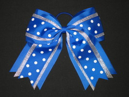 New &quot;Silver Royal Blue Dots&quot; Cheer Hair Bow Pony Tail 3 Inch Ribbon Cheerleading - £7.24 GBP