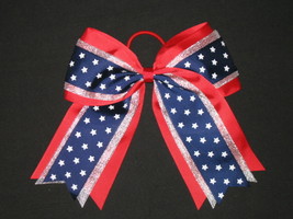 NEW &quot;SILVER RED &amp; NAVY STARS&quot; Cheer Hair Bow Pony Tail 3&quot; Ribbon Cheerle... - £7.10 GBP