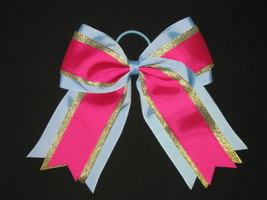 New &quot;Blue Gold Fushia&quot; Cheer Hair Bow Pony Tail 3 Inch Ribbon Girls Cheerleading - $8.99