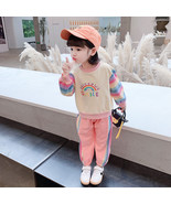 2pcs Set Rainbow Striped Pullover Sweatshirt &amp; Pants Set For Autumn Girl... - $11.15