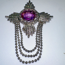 Vintage Maltese Cross Silver Tone Purple Glass Brooch with Dangles Preowned - $14.90