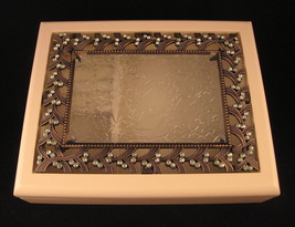 Jewelry Box Cutwork Antique Brass Green Faux Crystals Textured Glass Ivory Color - £19.65 GBP