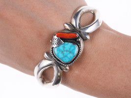 6 5/8&quot; Roy Vandever (1936-2009) Cast silver - Turquoise and Coral bracelet - $395.01