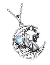 Bat Cat Necklace for Women Girls Sterling Silver Moon - £59.33 GBP