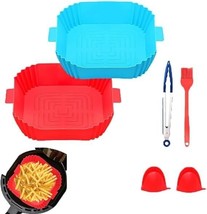 6 Pack Reusable Square Air Fryer Silicone Liners with Tongs Basting Brush Mitts - £11.68 GBP