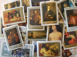 25 Vintage (1960s - 1980s) Postage Stamps, USSR, Images of Art Masterpieces - $5.25