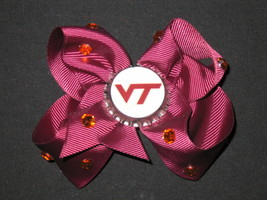 NEW &quot;Virginia Tech Hokies&quot; VA College Girls Ribbon Hair Bow Rhinestone Clip NCAA - £5.56 GBP