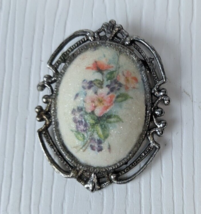 Vintage ceramic Floral Brooch pin Silver Tone Frame Border sparkly - $9.89